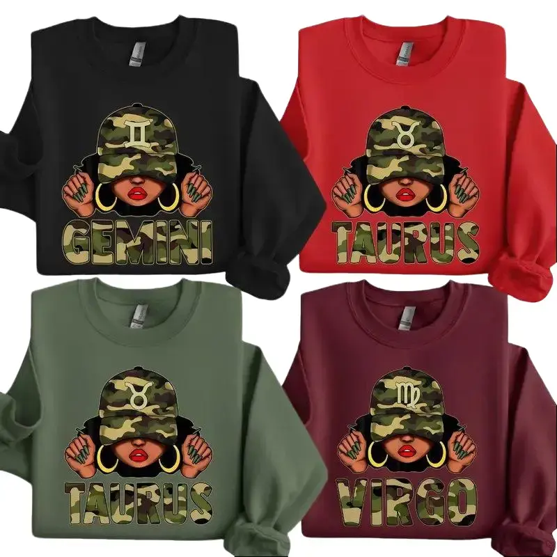 [Full 12 Zodiac] Camo Girl Zodiac Sweatshirt – Urban Black Girl Magic Astrology Crewneck for Gemini, Taurus, Virgo – Stylish Camo Streetwear Zodiac Sign Sweater Gift