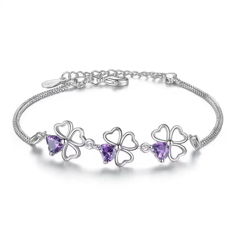 Women's Fashionable 925 Sterling Silver-Plated Leaf Pattern Charm Bracelet with Purple Cubic Zirconia, Adjustable Chain, Hypoallergenic, Gift-Ready Jewelry for Daily Wear & Gifting (Subtle Elegance)