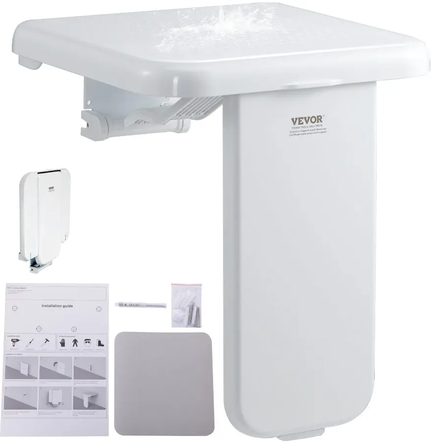 VEVOR Folding ABS Shower Seat, 15.7''x 16.7'' Unfolded, Wall Mounted Fold Up Shower Bench with 440 lbs Load Capacity, Space Saving Fold Down Shower Chair for Seniors Pregnant Women Children Adults