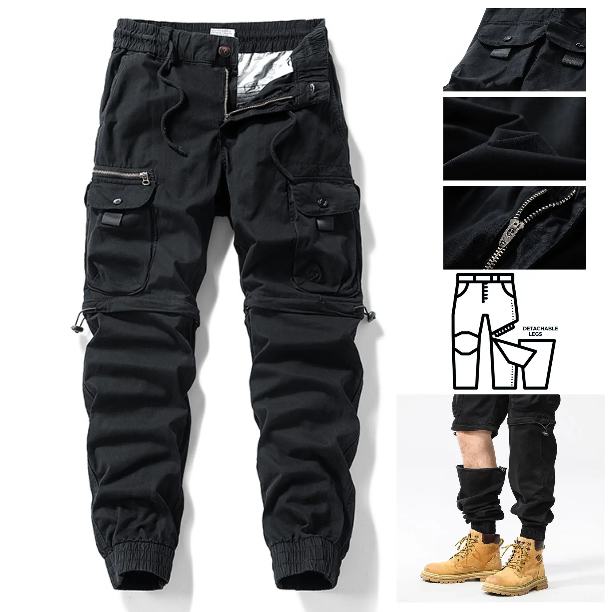 Menswear Men's Casual Straight Pants - Detachable Multi-Pocket, Drawstring Waist, Cuffed Design, All-Season Versatile Outdoor Wear for Long or Short Styling