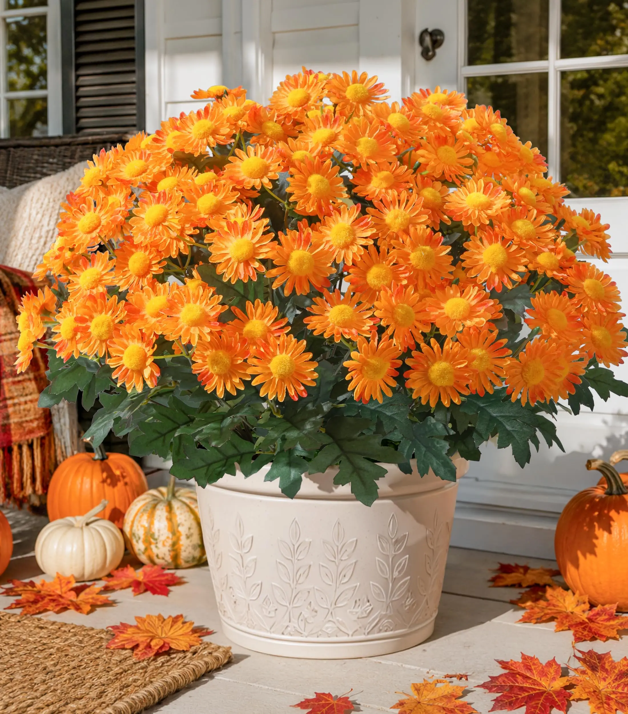 Ivydale Artificial Fall Faux Mums Flowers Outdoor Plants for Decoration, 6 Bundles Fake Silk Orange Gerbera Daisy Flowers UV Resistant Look Real for Planter Outside Front Door Porch Patio Balcony