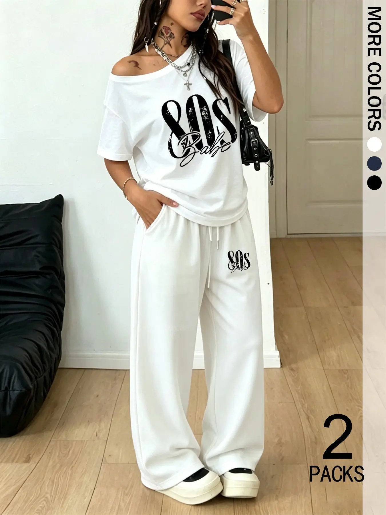 Women's Ab Letter Print Asymmetrical Sleeve Wide Leg Pants Set, 80s Fashion Pattern, Loose Fit, Breathable Cotton, Streetwear, Casual, Clothes