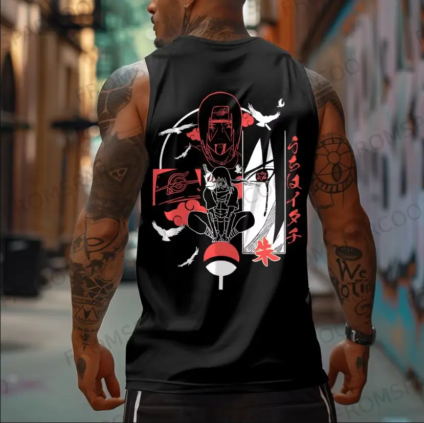 Oversized Anime Shinobi Silhouette Print Gym Tank Top , Sunset Warrior Graphic Tank Top for Men – Retro Anime Inspired Sleeveless Muscle Tee