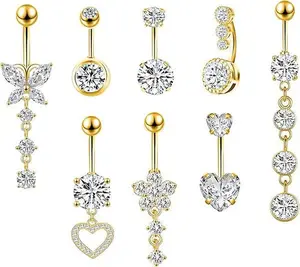 Women's 8PCS 14G Corrosion-Free Surgical Stainless Steel Dangle Belly Piercing Set - 10mm Bar, 20-50mm Pendant Options, Rhinestone, Flower, Butterfly, Heart Motifs Navel Jewelry for Trendsetters
