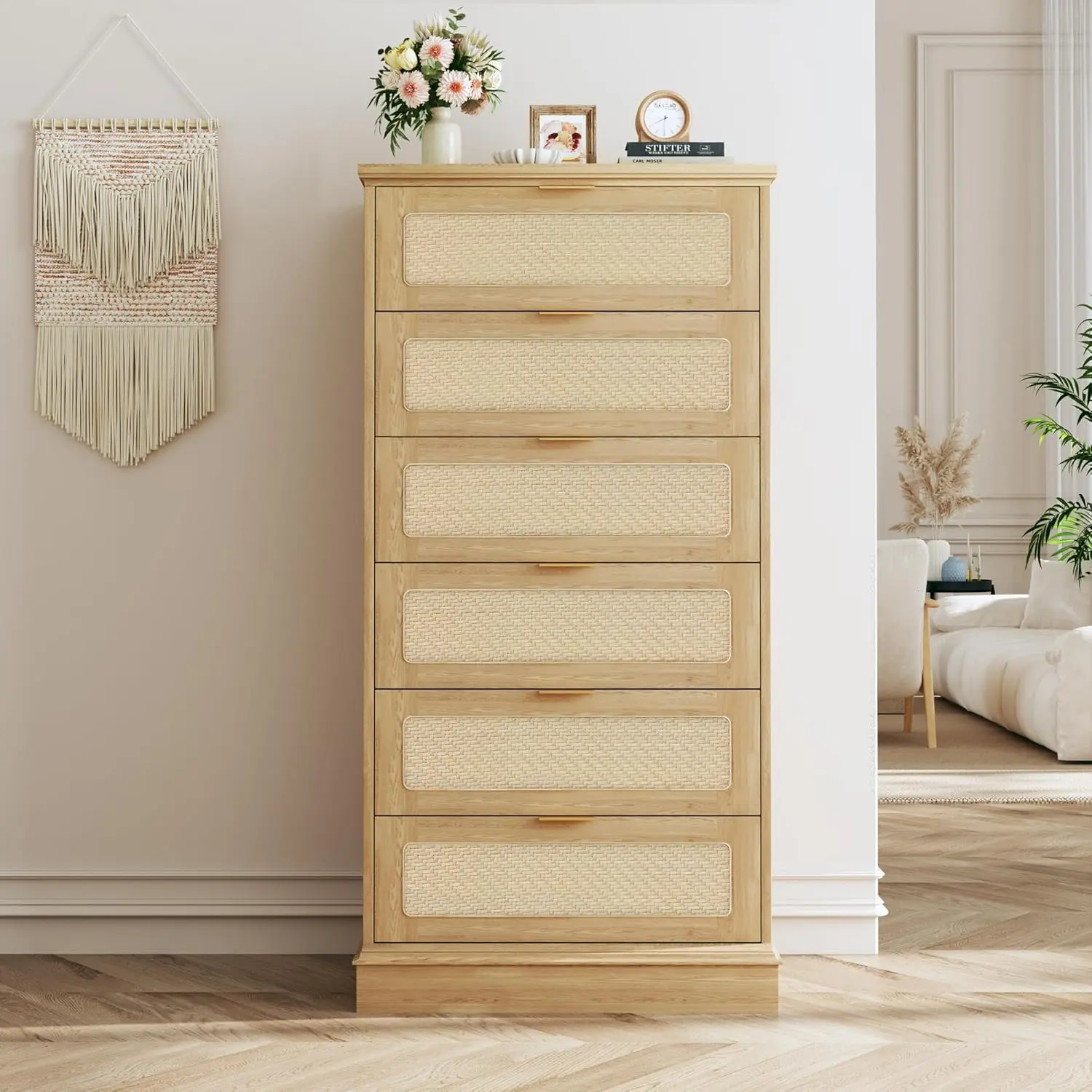 6-Drawer Tall Boho Wood Chest of Drawers - Woven Rattan Front, Natural Finish, Bedroom Storage Organizer Cabinet