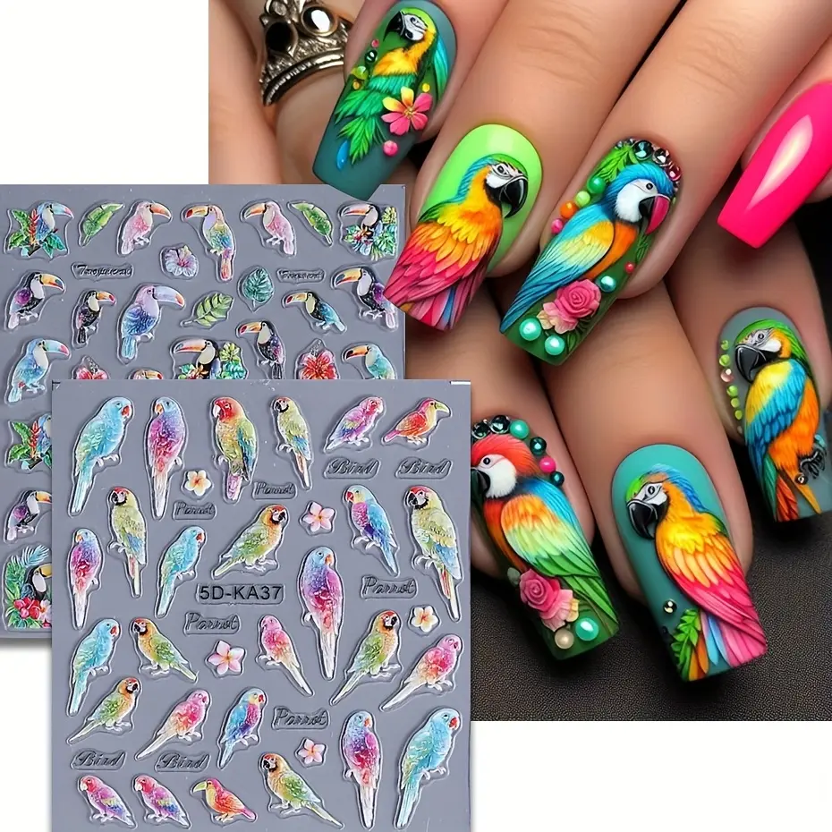 5D Embossed Nail Art Stickers, 2 Piece Small Set with Crow, Flower, and Bird Designs, 3D Acrylic Decals for Decorated Nails, Two Piece Set, Animal