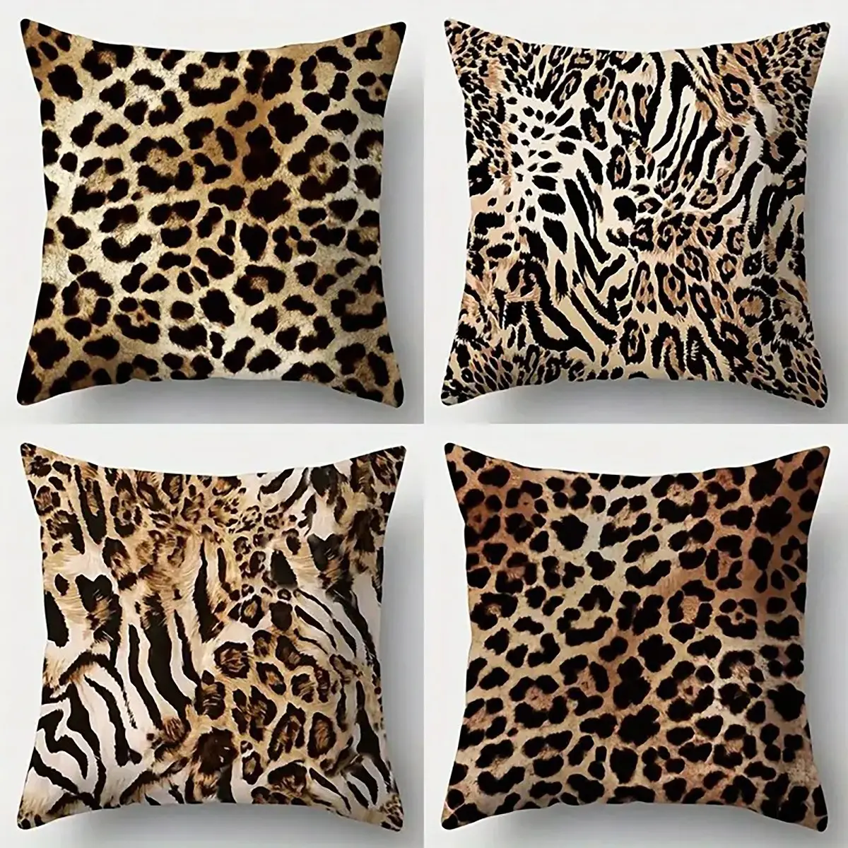 Vintage Leopard Print Pillow Covers Set of 4, 45x45cm Decorative Cushion Cases with Hidden Zipper, Indoor Outdoor Use
