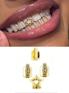 4PCS Gold and Silver CZ Grillz, Stylish Gold-Plated Grillz, Hollow Star Dental Retainer, Suitable for Both Men and Women, Hip-Hop Accessory, Suitable For Party, Daily Wear, Holiday Gift