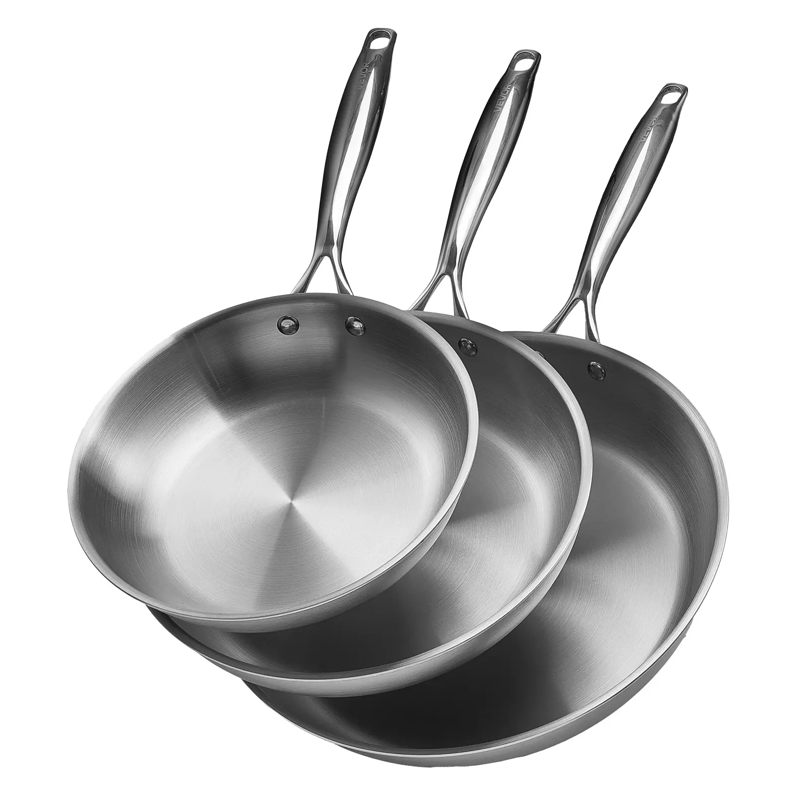 VEVOR Tri-Ply Stainless Steel Frying Pan,  3 Pcs Set (8, 10, 12 in), Cooking Skillet with Heat-Resistant Handle, Chef's Kitchen Cookware, Oven, Gas, Electric, Induction, Dishwasher Compatible, Silver