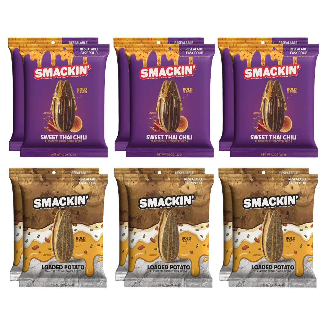 SMACKIN' Sunflower Seeds - LOADED POTATO & SWEET THAI CHILI - Limited Edition - Resealable 4 OZ Bags