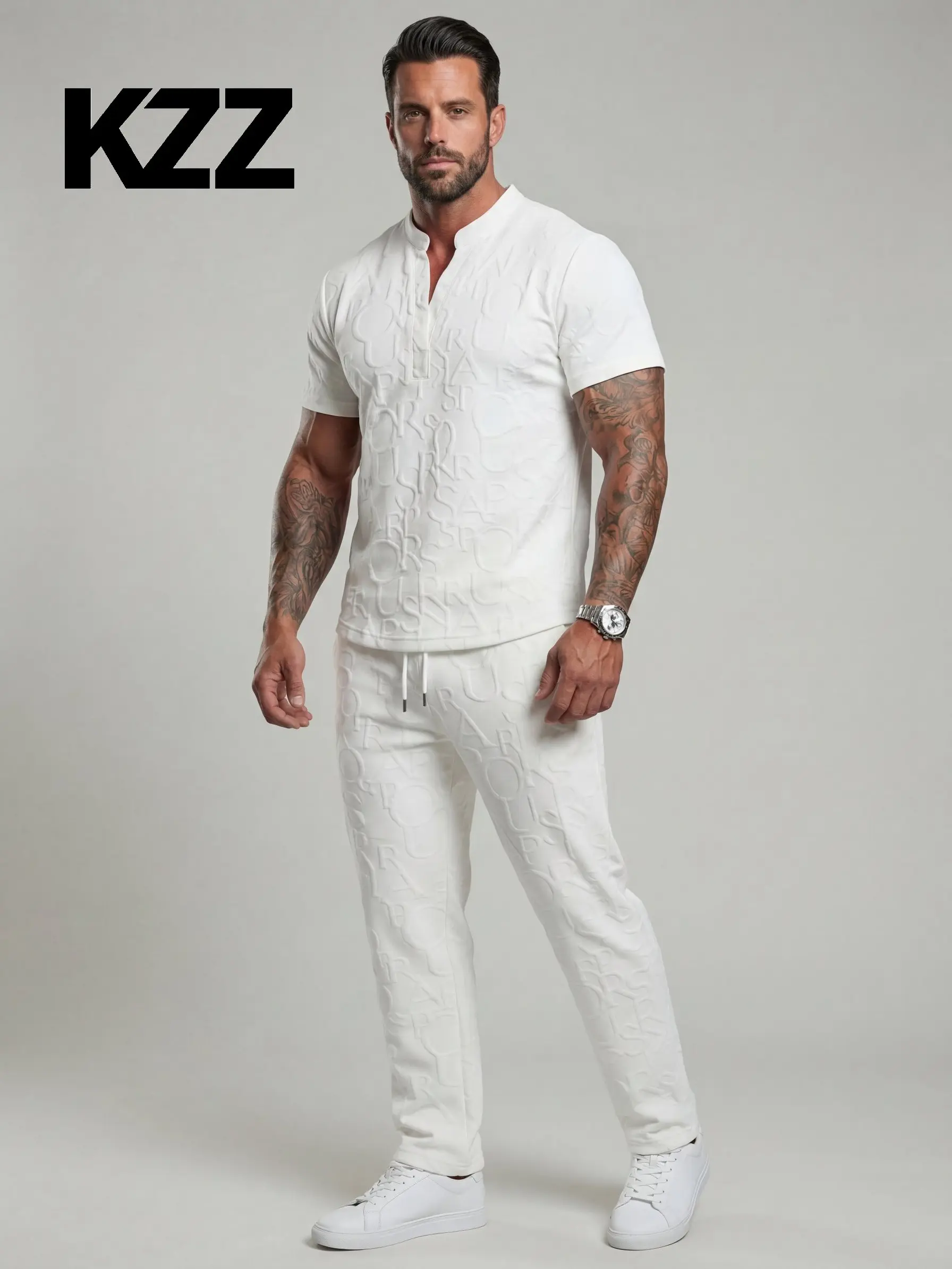 KZZ Men's 2-Piece Clothing Set, Casual Textured Notched Neck Tee & Regular-Fit Drawstring Trousers, Stylish Spring/Fall Outfit, Top, Shortsleeve, 2 Piece Sets, Men's Wear, Men’s Clothes, Top + Pants For Quick Wear, Gifts For Him