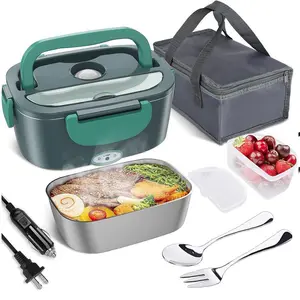 2-in-1 Portable Electric Lunch Box - 60W Heated Lunch Box with 1.5L Stainless Steel Container and 0.45L Veggie Compartment, Compatible with 110V/12V/24V, Perfect for Adults on the Go