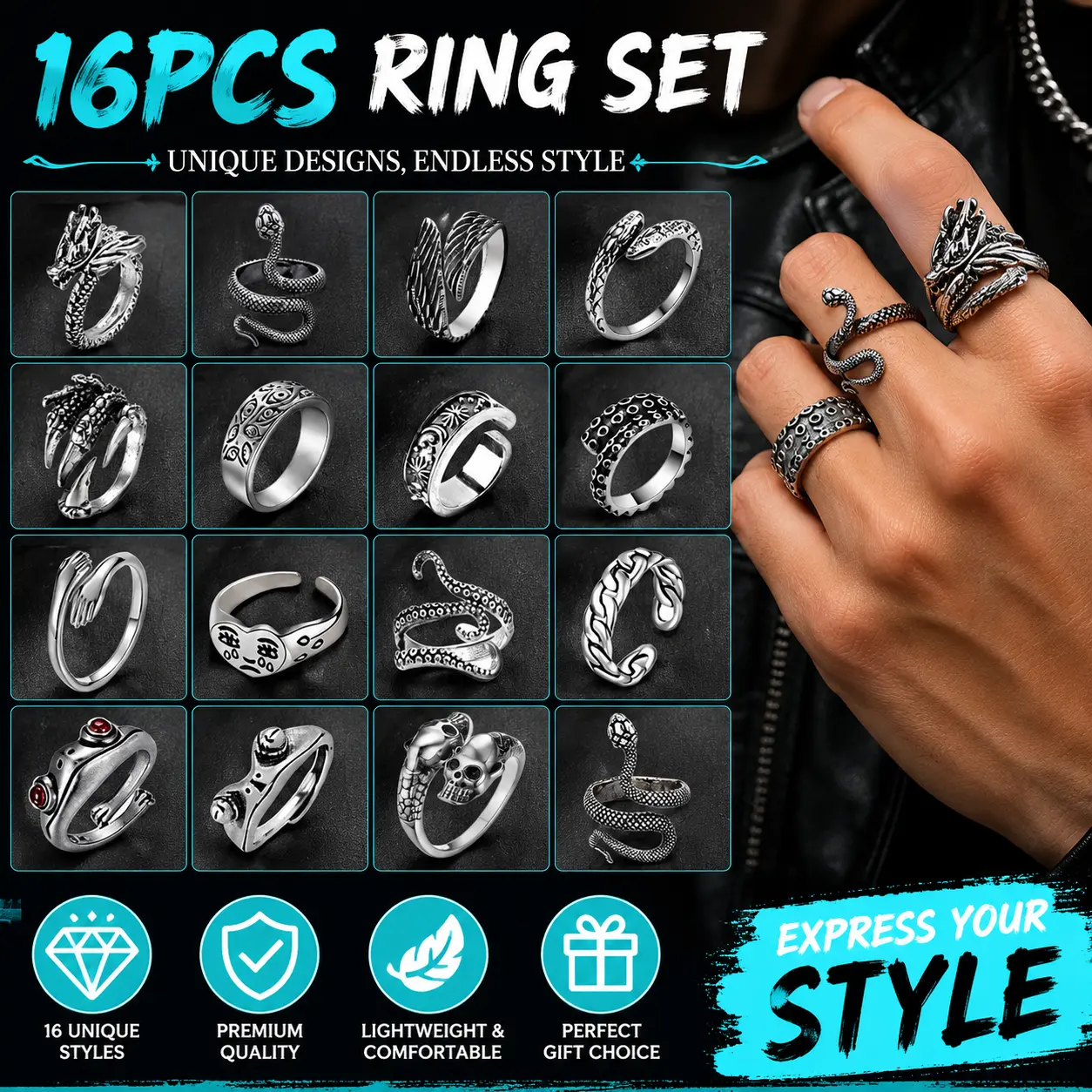 Fashion Cool Gothic Jewelry Rings Pack - 16 Vintage-Inspired Styles Adjustable Skull Ring for Men Women Girls Unique Gift#SummerVibes