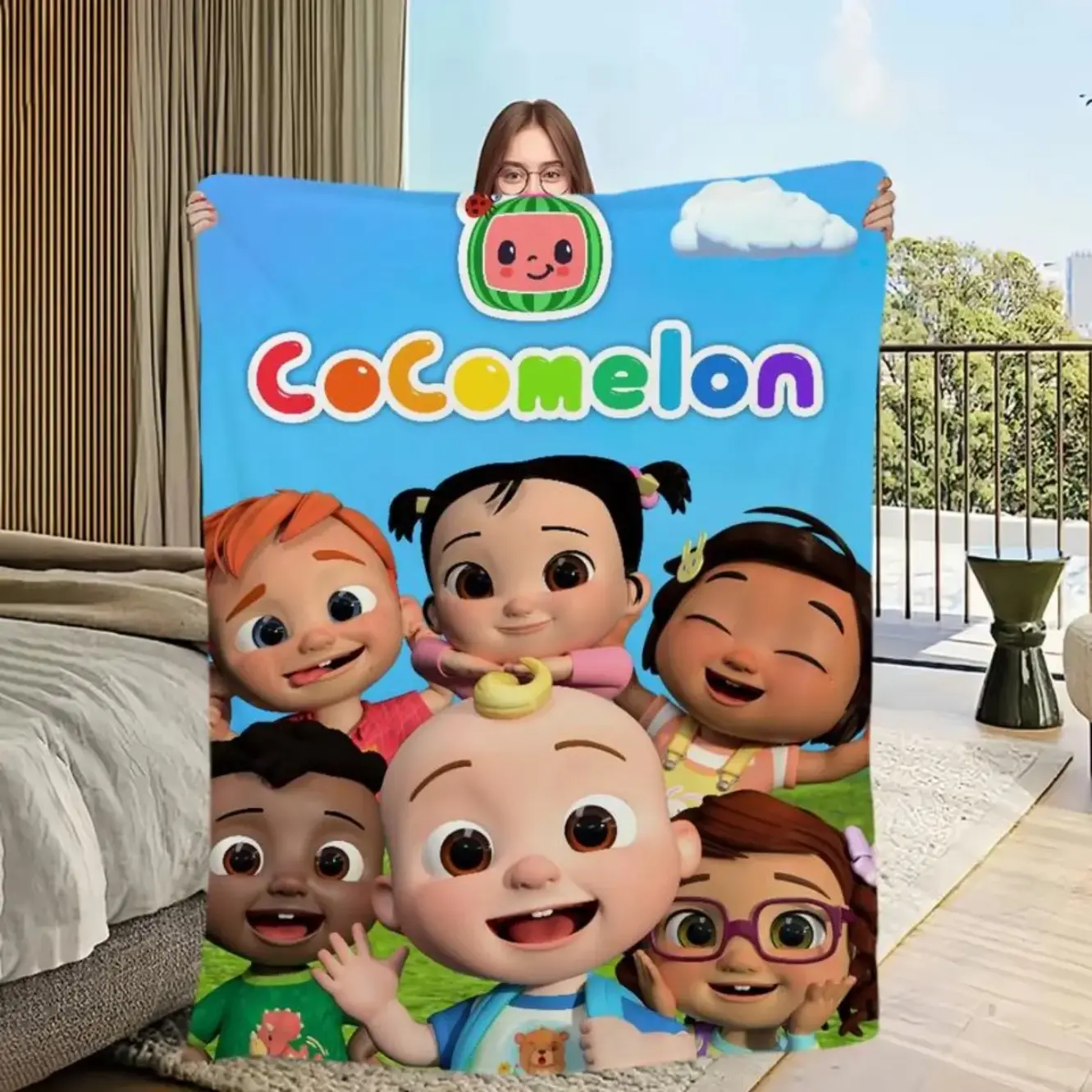 Cocomelon Cartoon Print Breathable Soft Blanket - Velvet, Flannel Texture Kids' Bedding, Wrinkle-Resistant, Toddler Christmas/Birthday Gifts, Ideal for Bedroom & Garden Use