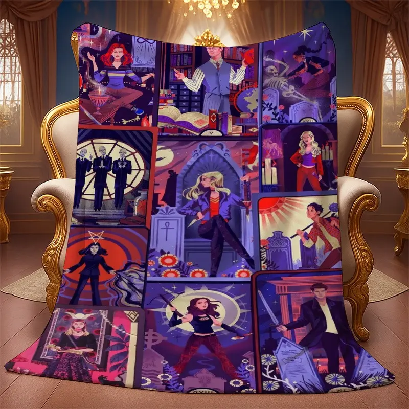 Buffy Illustration Series Printed Flannel Blanket - Soft, Exquisitely Patterned Bedding Throw for Bedroom-Guest Room Decor, Ideal Gift for Family Parties, Christmas