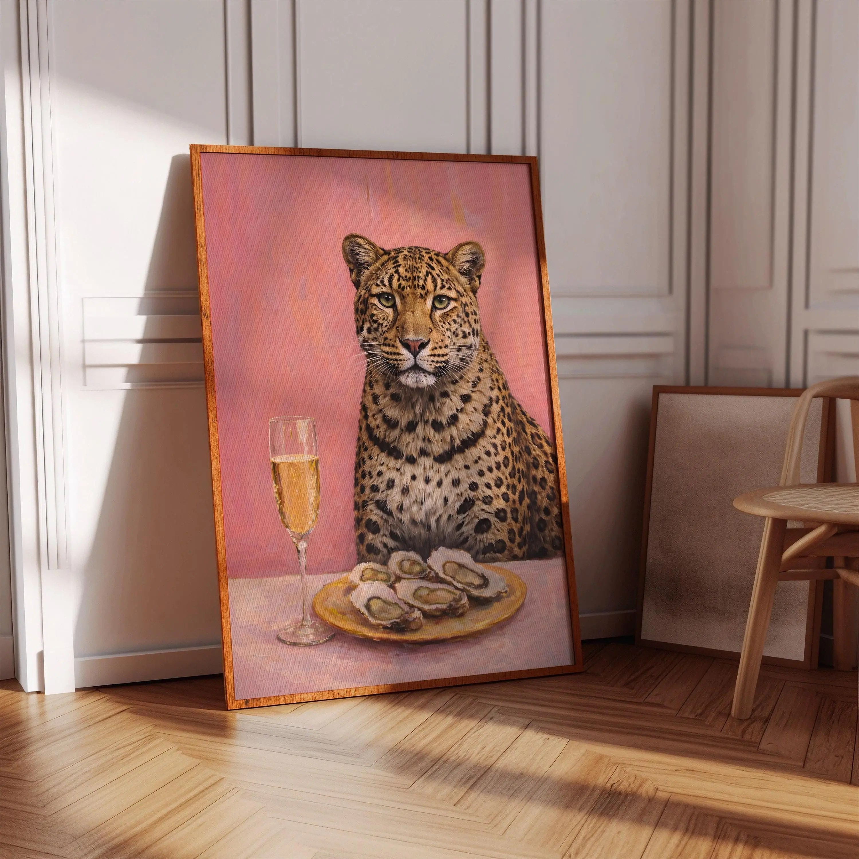 [SALE UP TO 40%] [Unframed] Funny Leopard Wall Art, Champagne and Oysters Print, Pink Kitchen Decor,