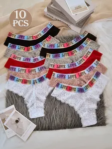 10 pieces of mixed color ladies' semi-transparent fashionable elegant lace panties with colorful elastic waistband, comfortable and breathable for daily wear, versatile ladies' suitable for all seasons, available in sizes S-XL, pure color thong.