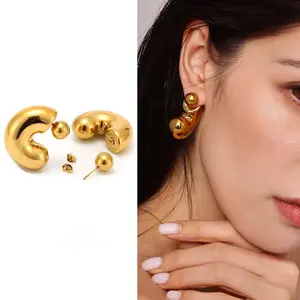 Women's C-Shaped Round Bead Artificial Gemstone Earrings - 2-Wear Geometric Minimalist Earrings, Fashion Accessory, Casual Trendy Statement Jewelry for Daily Matching