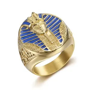 Stainless Steel Gold Plated Blue Pharaoh Band Ring for Men Women Couple Friends Gift Fashion Jewelry Punk