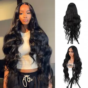 Noble 36 Inch Body Wave T Lace Front Wig Synthetic Hair Wig for Women High Quality Comfortable Wig Cap Natural Black Color Long Thin Hair
