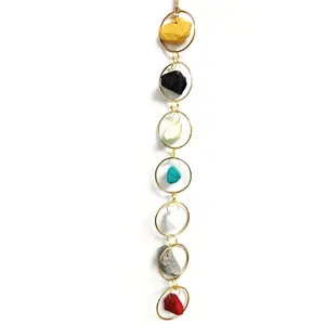 7 Chakra Raw Crystal Wall Hanging, Natural Irregular Chakra Stones with Gold Metal Ring, Healing Energy Stone Window Ornament for Home Meditation Decor