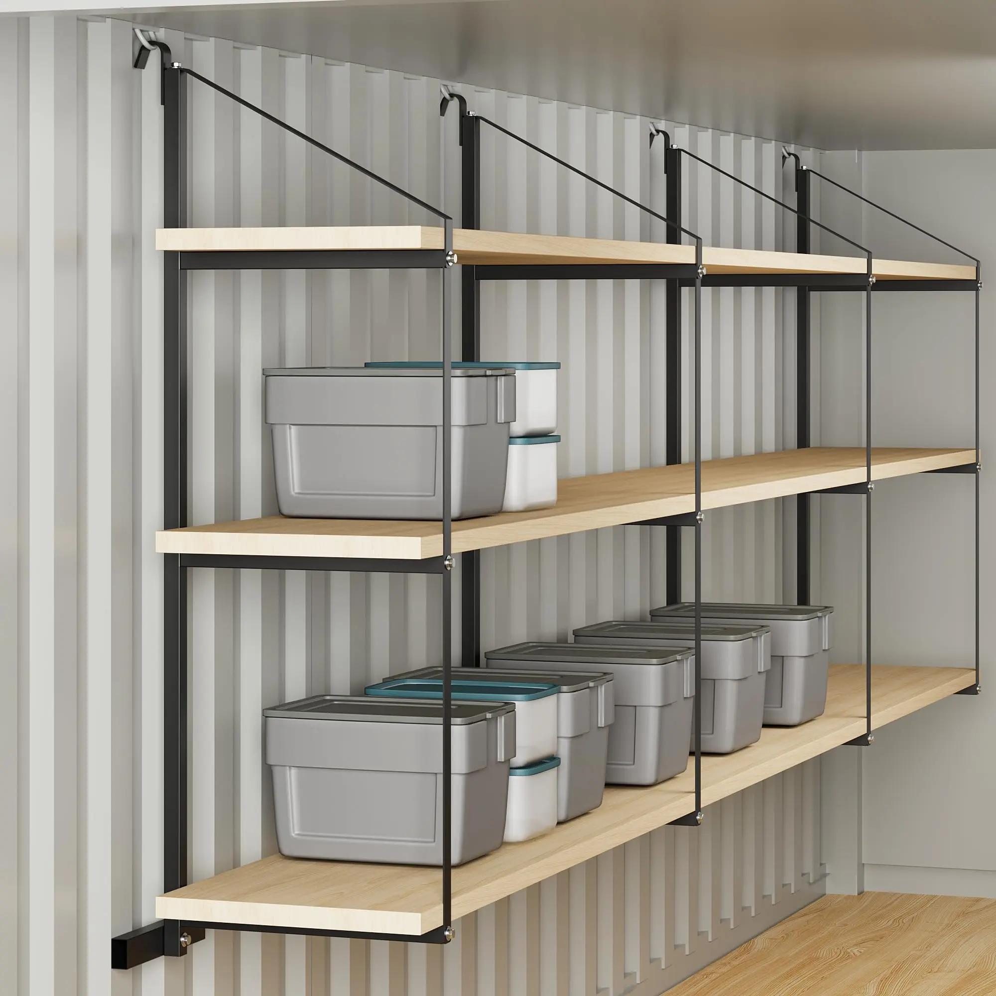 Garvee Adjustable 3-Tier Shipping Container Shelf Brackets – Heavy-Duty Black Powder-Coated Steel – 1100LBS Capacity – 22"D x 60"H – Removable Shelf Supports – Quick Install – Perfect for Cargo, Garage, Warehouse, Workshop