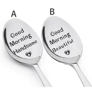 Stainless Steel Good Morning Spoon, 1/2 Counts Letter Pattern Long Handle Spoon, Couple Spoon, Spoons Set, Tableware for Home Kitchen, Gift for Couple