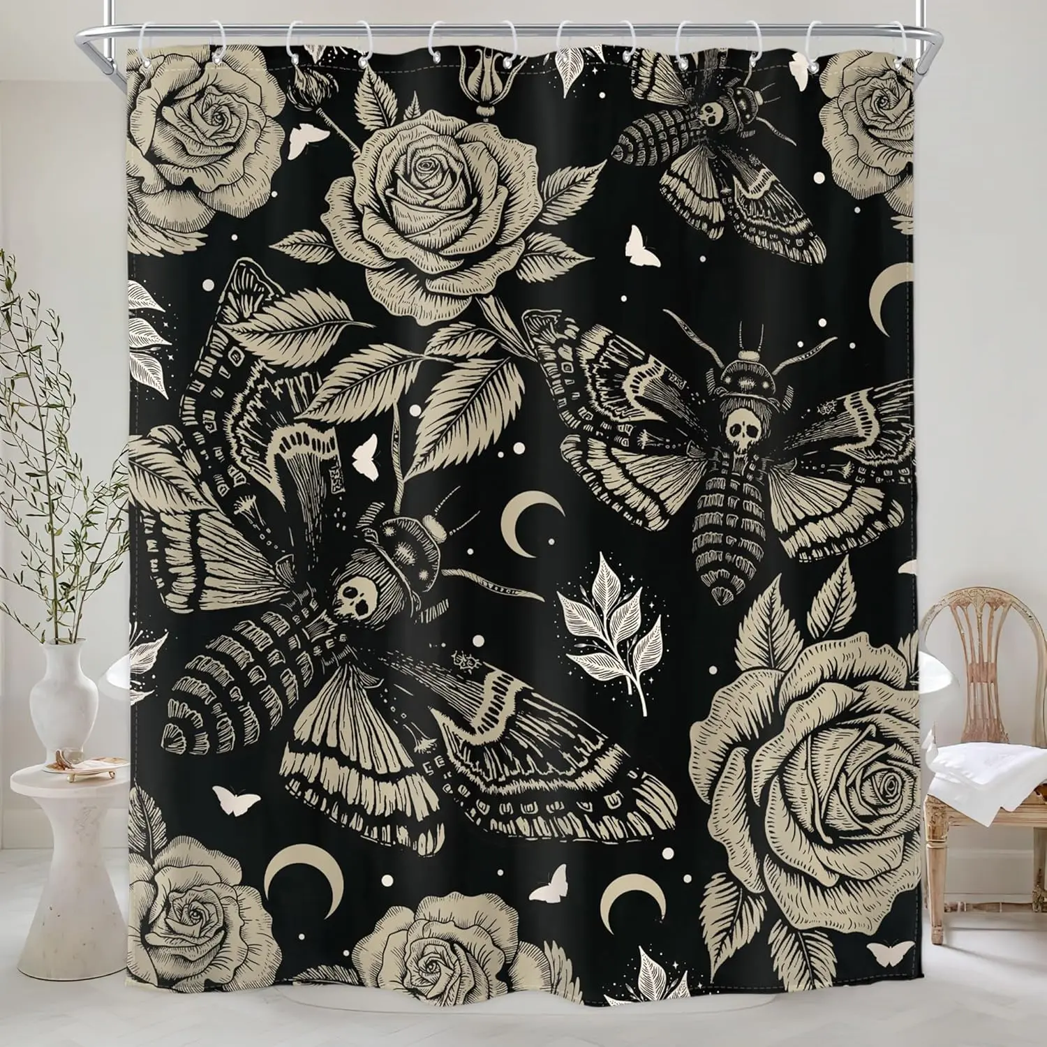 【summervibes】Gothic Moth Skull Shower Curtain Mysterious Butterfly Flower Plants Retro Flowers Retro Leaves Moon Night Starry Sky Black Waterproof Bathroom Bathtub 72x72 Inches