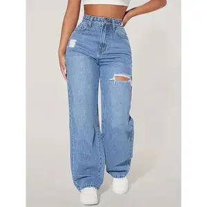 StretchComfort,Women'sHigh-WaistRippedWide-LegJeans-Casual,StretchDeniminLightBluewithDistressedDetails,MachineWashableWomenswearBottomTrouserPantsStreetwearPocketBasicMinimalist