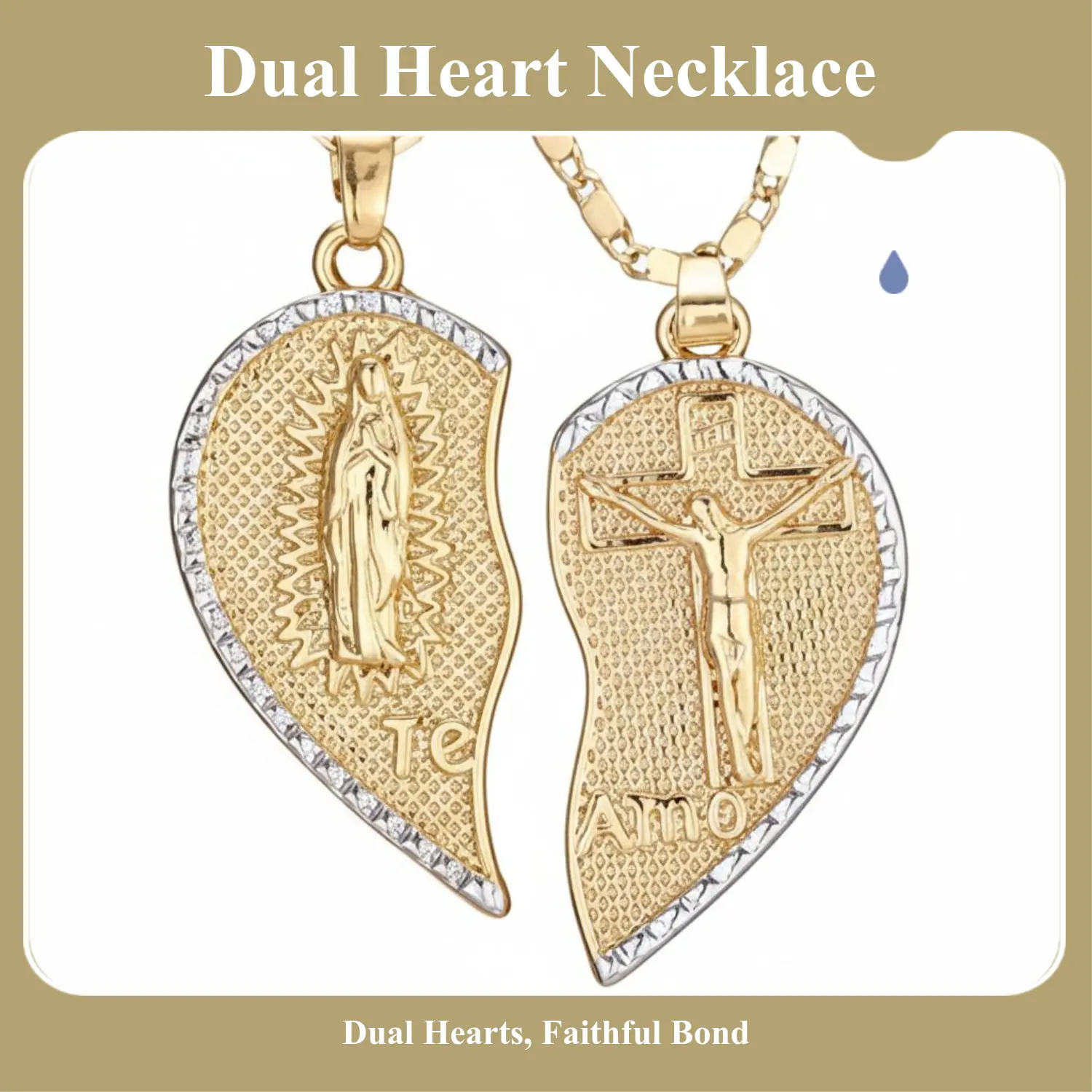 Virgin Mary Heart Pendant Necklace for Couples, Gold-Plated Gold Statement Chain, TE AMO Inscribed, Elegant Dual Heart Religious Jewelry, Matching BF and GF Accessory, Anniversary Gift for Him, Stylish Accessories, Colorfast Costume Jewelry, Heart Necklac