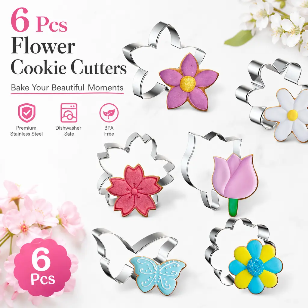 6pcs Stainless Steel Flower Shaped Cookie Cutters Set - Rustproof Holiday-Ready Bakeware Decorating Tools with 6 Sizes, Daisy/Tulip, Butterfly, Pancake Mold Shapes for Breads, Cheeses, Halloween Treats, Utensils, Smooth