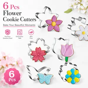 6 Piece 3 Inch Flower Cookie Cutter Set – Stainless Steel Baking Tool with Daisy, Tulip, Butterfly & 3 Floral Designs – Reusable & Rustproof, Ideal for Homemaking, Holiday Treats