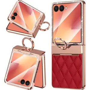 Finger Holder for Samsung Galaxy Z Flip 7 Leather Case with Hinge Protector, Luxury Sparkly Rhinestones Diamonds for Galaxy Flip 7 Cover with Ring Loop for Samsung Z Flip 7 Phone Case Women Red