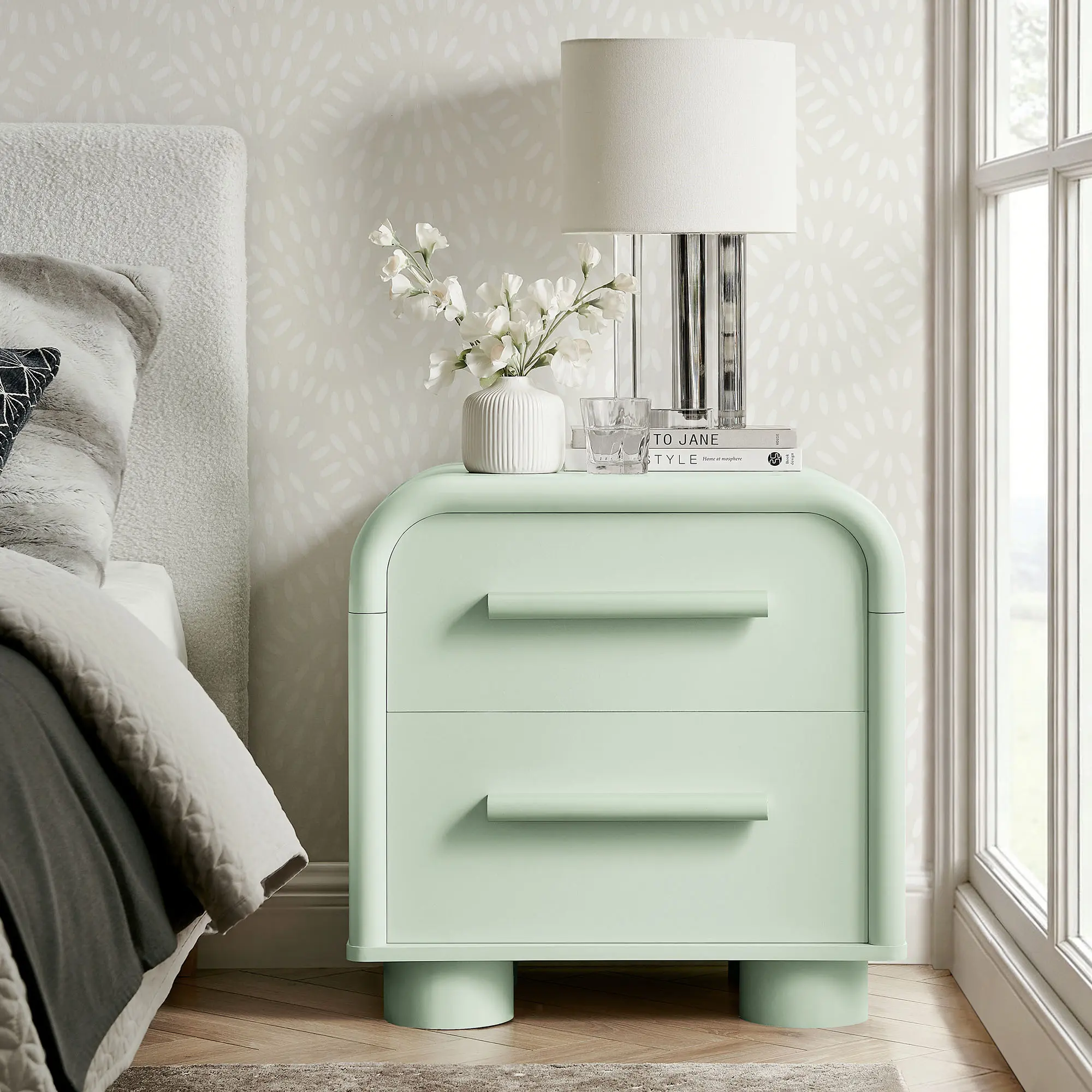 Bellamy Curved 2-Drawer Nightstand in Sage