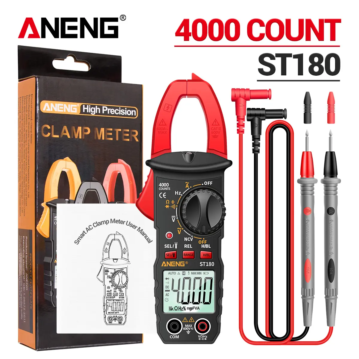 ANENG ST180 4000-Count Digital Clamp Multimeter for Electricians, 1.33 Inches, NCV Detector, Measures AC/DC Voltage-Current-Resistance-Capacitance-Frequency, Backlight, Includes 1*Charging Cable-1*Combination Lead-1*Instruction Manual-1*Storage Bag, Vehic