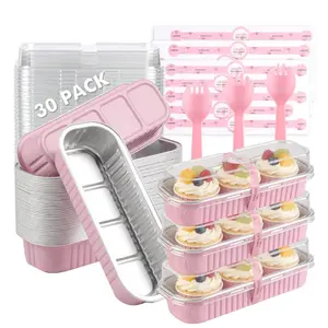 30 Pack Mini Loaf Cake Pans with Lids & Spoons, 6.8oz Disposable Aluminum Foil Baking Cups, Small Rectangular Bread Tins for Baking, Party, Picnic, Holiday (Pink)