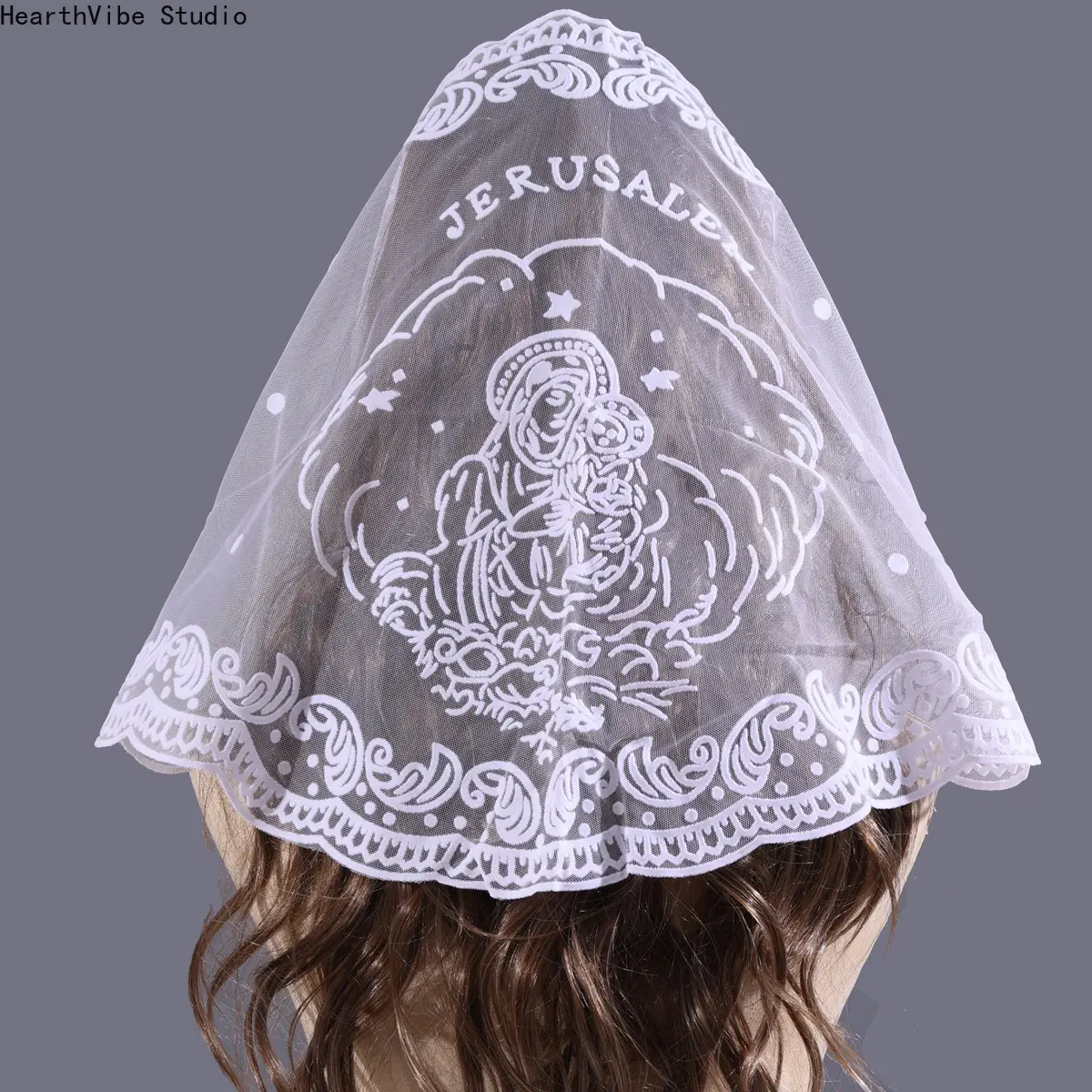Women's Religious Catholic Mantilla Veil - Classic Lace Prayer Scarf with Jerusalem Church Embroidered Design, Sports & Outdoor Headband for Mass, Pilgrimage