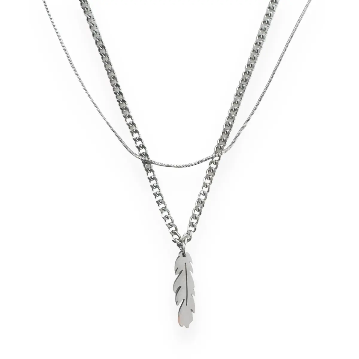 Double Layer Feather Pendant Necklace for Men Women Streetwear Unisex Style
