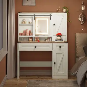 EROMMY Modern Vanity Desk with vanity mirror and Lighted Mirror, Makeup Desk with Jewelry Storage & Power Outlet & Drawers, Dressing Makeup Table for Bedroom. Furniture Wood