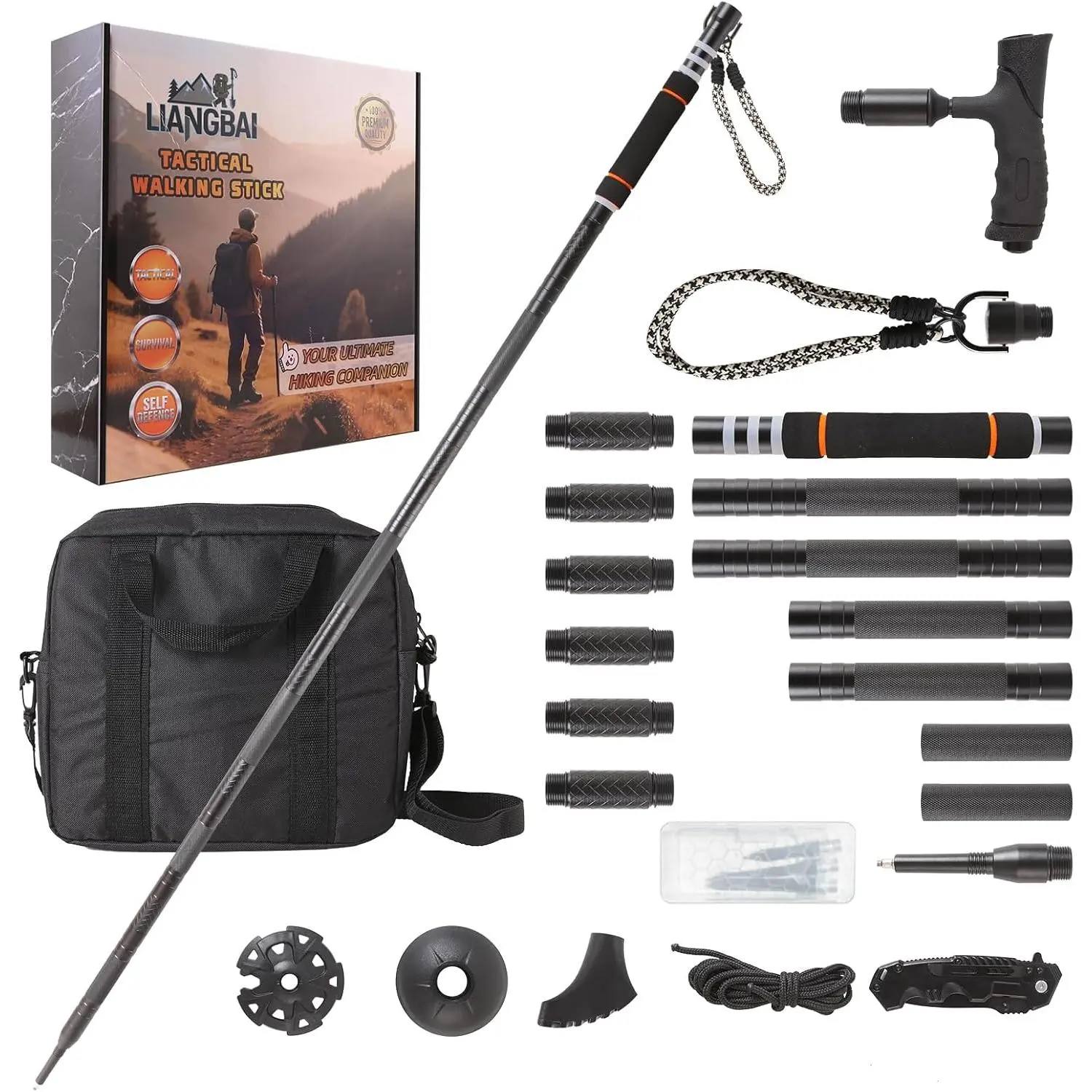 Tactical Walking Stick, Collapsible Aluminum Alloy Hiking Pole for Men, Adjustable Survival Kit Staff with T-Grip Handle for Outdoor Adventures, Collapsible Alloy Stick