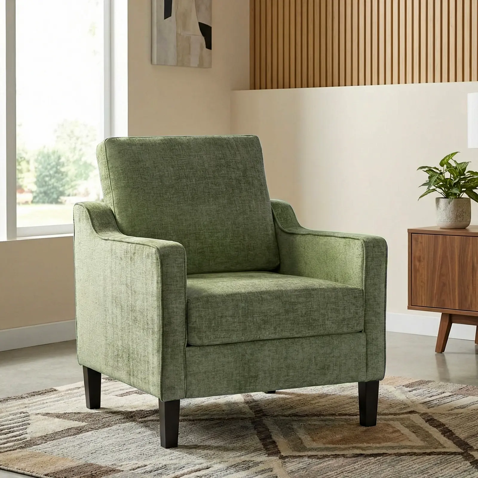 Arlopu Mid-Century Accent Chair, Modern Upholstered Chenille Armchair & Padded Reading Chair, Removable Cover & Wood Legs Living Room Chair, Single Sofa for Bedroom/Office/Apartment summergarden homeessentials