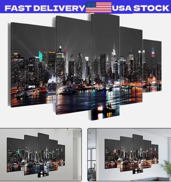 5 Pieces Canvas Wall Art Poster Print Modern City Night Painting Home Decor