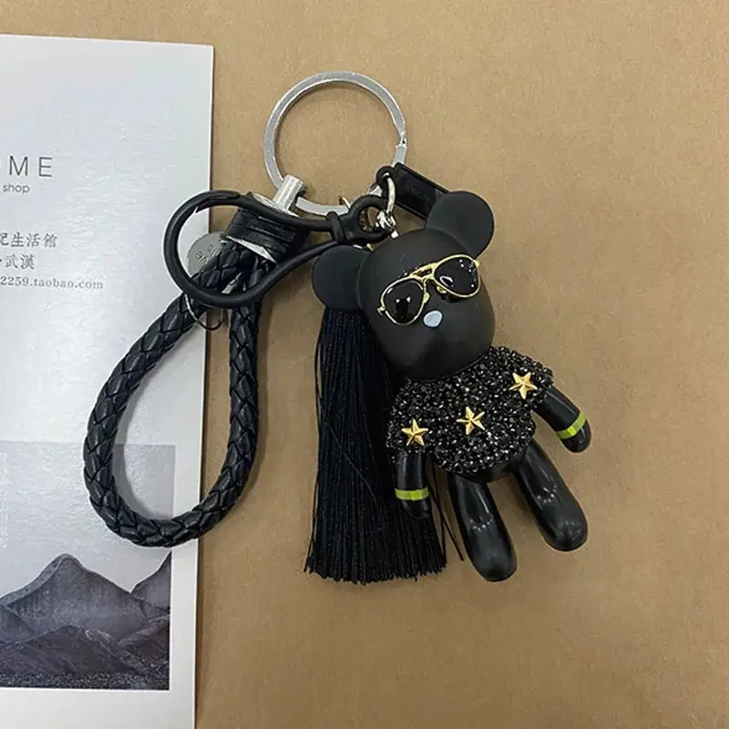 Black Woven Leather Cord & Tassel Bear-with-Glasses Charm — Stylish Bag Accessory/Keychain