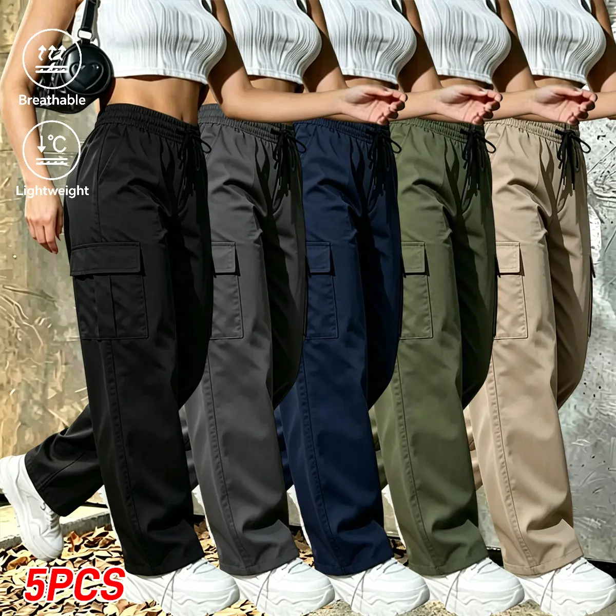 Women's Baggy Oversized Solid-Color Cargo Pants Set - All Seasons Mid Waist Activewear Bottoms, Elastic Waistband, Drawstring, Large Pockets, Multi-Size Athletic Wear for Everyday Outings