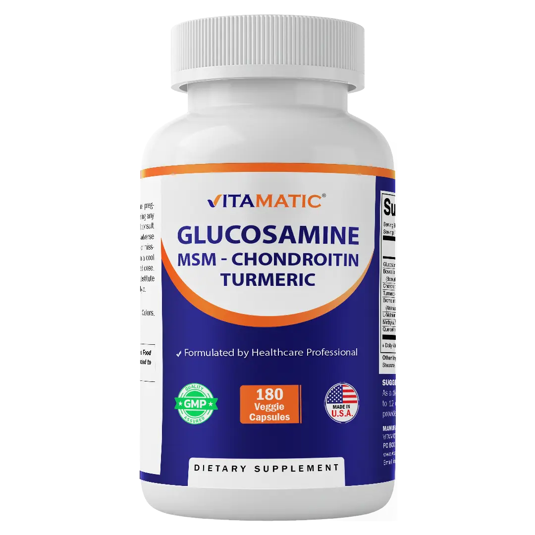 Vitamatic Glucosamine Chondroitin MSM Edible Dietary Supplement - 180 Shellfish-Free, Non-GMO Veggie Capsules, All Natural Joint Support Daily Nutrition for Adults, All Natural Supplement