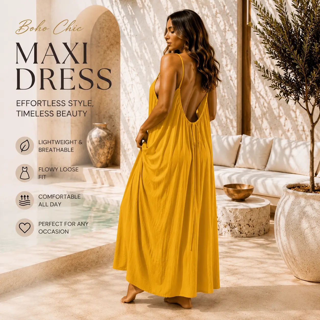 Women's Backless Sleeveless Polyester Maxi Nightgown - Breathable, Loose Flowy Relaxed Fit, Floor Length, Plus Size Friendly, Minimalist Casual Loungewear for Vacation, Nightwear, Fabric