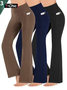 3pcs Women's High-Waisted Yoga Pants with Pockets, Stretchy High Waist, Flared Yoga Bottoms, Sporty Tight-Fit Design, All-Season Comfortable Fabric, Perfect for Fitness & Gym Wear