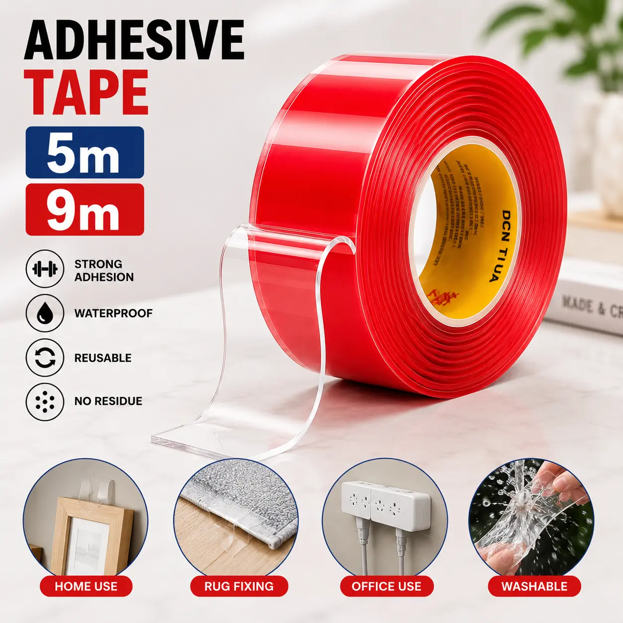 Heavy Duty Nano Mounting Tape 5m 9m Double Sided Clear Acrylic Gel Strong Hold Washable Reusable Waterproof Removable Adhesive Tape for Home Office Use