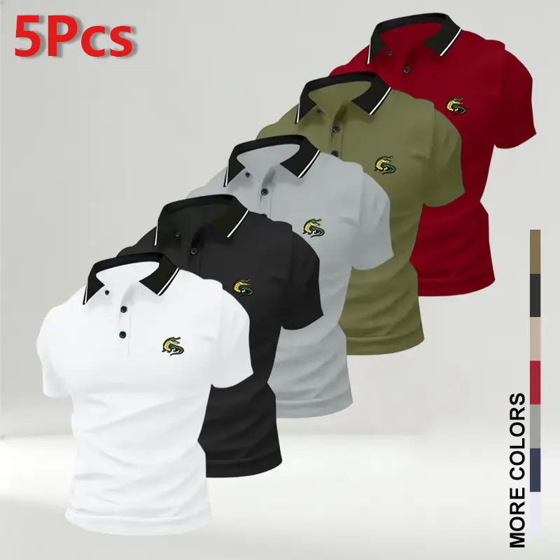 Pack of 5 summer men's short-sleeve poloshirts with turn-down collar and crocodileprint; casual sportswear tops for men-essential for business travel, dates, and homewear I Breathable, comfortable fabric; casualstyleIGolf shirt,  Menswear Shortsleeve