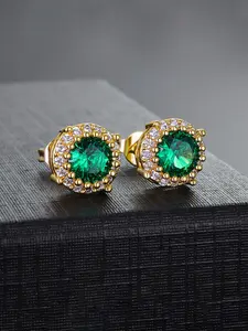ICED CHICS round hip-hop green stud earrings, street casual style, couple's style, suitable for both men and women, fashionable and simple, copper inlaid zircon material stable and non-allergenic, Hypoallergenic CZ Earrings, Fashionable Jewelry, Ear Studs